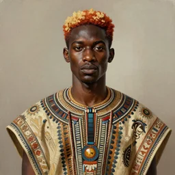 a professionally painted african male model , clothed in ancient street wear, dark skin, red gold hair, beautiful bone structure, symmetrical features, stunningly, beautiful, intricate, elegant, digital painting, smooth, sharp focus, illustration, made by Kehinde Wiley, Kara Walker, Jacob Lawrence, Sam Gilliam, Edmonia Lewis,