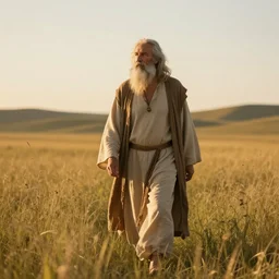 old prophet wandering about a meadow. golden hour