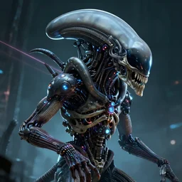 xenomorph skull with cybernetic implants. glowing lights and lasers. photorealistic sci - fi unreal engine video game horror concept art, in the style of lovecraft.