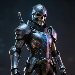 hi - tech knight stay in darkness, skull helmet, sci - fi, hologram, extreme contrast neon lit, sharp focus, wide shot, render, octane, fine details, concept art