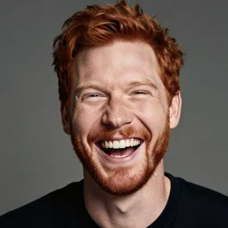 a portrait of a laughing redhead man with a short beard, by david palumbo