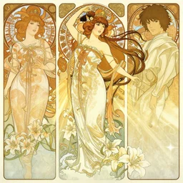 deco art by yoshitaka amano, alfons mucha and makoto shinkai. chinese taoist fairy goddess. hyper detailed, character concept, full body, dynamic pose, intricate, lineart, cerpuscular rays, lily flowers. 8 k