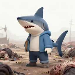 anthropomorphic shark alone on a battlefield surrounded by corpses, casual clothes , horror , backlight, ,highly detailed, digital painting, artstation, concept art, matte, sharp focus, illustration, by Greg Rutkowski