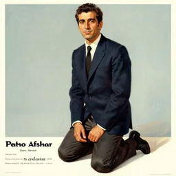 beautiful graphic full body portrait, petros afshar, cuno amiet, man on his knees, 1 9 7 0 s advertising art, painterly character design, petros afshar will barnet