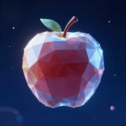 a cybernetic apple made of polygons, virtual apple, polygonal apple, floating in a dark blue void of particles, 4k detailed, 8k, Y2K aesthetic