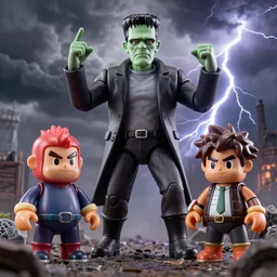 hyperrealistic rendering, epic boss battle, frankenstein, by art of skinner and richard corben, product photography, collectible action figure, sofubi, hottoys, storm clouds, outside, lightning
