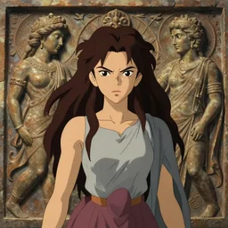wrathful diety woman : : 2 intricate ancient relief carving background : : 1. 5 incredible, anime, digital 2 d, animated by kyoto animation, studio ghibli, miyazaki, akira art style, by laurie greasley, beautiful, gorgeous, dramatic lighting, rule of thirds, perfect composition, trending on artstation, 4 k : : 1 cropped zendaya, william waterhouse, a 1 9 th century oil painter, greek mythology characters