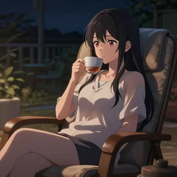 nighttime, a beautiful anime woman enjoying a cup of tea while sitting in a reclining chair, anime, extreme detail, photorealism, octane render, cinematic lighting