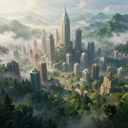 a modern city in a forest, thick atmosphere, huge city buildings, mist, insanely beautiful and highly detailed concept art, ultrafine highly detailed hyper colorful illustration, sharp focus, rozalski, craig mullins, federico pelat, unreal engine highly rendered, global illumination, radiant light, intricate and detailed environment, for a movie film still by terrence malick