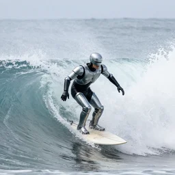 a still of robocop surfing big waves, mist. 4 k, professional.