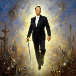 portrait oil painting, tom hanks, levitating, glowing, holding a sword, ultra realistic, wide angle, intricate details, artifacts, luminous skies, highly detailed, michael cheval, peter mohrbacher, boris vallejo, jessica rossier, oil painting, highly detailed, cinematic lighting