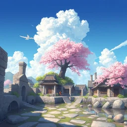 little port village ruins, spring, sakura tree, beautiful cloud, quiet, anime background, illustration, sharp focus, intricate, smooth, super wide angle, trending on artstation, trending on deviantart