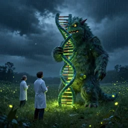 in a field, two scientists in lab coats encounter a monster shaped like the DNA double helix, stormy weather, by Rob Gonsalves, night scene, volumetric light, fireflies