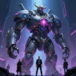 concept art, massive retro - futurist viking cyborg, towering, imperious size, artstation, dramatic neon lighting, glowing mystical motifs, bladerunner, by gerald brom, james jean, syd mead, akihiko yoshida, cinematic