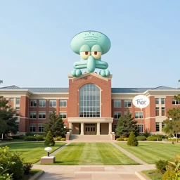 squidward college, buildings, college campus and building, squidward logo in college, high detail