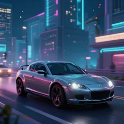 grey RX-8 driving through stylized synthwave city night time beautiful