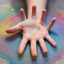 very beautiful five fingers open hand submerged in colorful oils, realism, extreme detail, real life, soft light, volumetric light, 3 d shadows, james jean, photoshoot