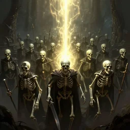 An army of evil skeletons are bathed in holy light. Dark Fantasy. Dungeons and Dragons. Artstation.