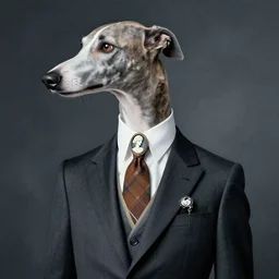 dapper greyhound wearing suit with watch chain, cameo style in the style of max ernst, terry gilliam