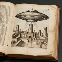 ufo drawing an ancient city, photo of a 1 5 th century codex book, 8 k