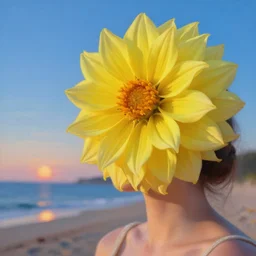closeup girl with huge yellow dahlia flower as a face, on beach, surreal photography, blue sky, sunrise, dramatic light, impressionist painting, digital painting, artstation, simon stalenhag