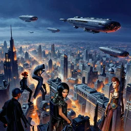 the enemy airships bombard the city, detailed, intricate, vibrant, stability ai, andreas franke, lisa frank, chesley bonestell, h r giger, ren hang, rolf armstrong, cool lighting