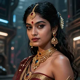 a high detailed portrait of a sexy female model with hindu feautures cyberpunk in a dystopian world