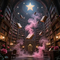 library in the style of baroque, star roof, flying magic books, pink smoke, good perspective and construction, dreamy, hogwarts style, birds, roses, fairy tale, evening lights, highly detailed, artstation, mysterious, comfort, in the style of aetherpunk