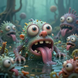of an intricate murky microscopic swamp with strange cute pudgy creatures with huge eyes, long tongue, square teeth and big nose appearing from the waters, in the style of jeff koons, macro lens, shallow depth of field, highly detailed, digital painting, trending artstation, concept art, illustration, cinematic lighting, vibrant colors, photorealism, epic, octane render