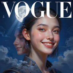 smiling fashion model face, 3 d, sci - fi, night, moon, moon rays, cinematic, clouds, vogue cover style, blue mood, realistic painting, intricate oil painting, high detail illustration, figurative art, multiple exposure, poster art, 3 d, by tooth wu and wlop and beeple and greg rutkowski