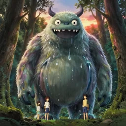 close up of a giant liquid spirit monster rising from a forest. 4 k, artgerm, high detail, dramatic lighting, sunset, hayao miyazaki, masashi ando, nizou yamamoto, kazuo oga, joe hisaishi, yoji takeshige, naoya tanaka