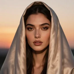closeup portrait of a stunningly beautiful female, silk veil at sunset, fashion photoshoot, by edward robert hughes, annie leibovitz and steve mccurry, david lazar, jimmy nelsson, breathtaking, 8 k resolution, extremely detailed, beautiful, establishing shot, artistic, hyperrealistic, beautiful face, octane render