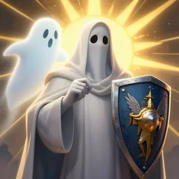 ghost cleric with a shield and a ghost companion, sunbeams, by peter mohrbacher, john avon, dan mumford, craig mullins nekro, close up, volumettic light, cgsociety, pixiv, 3 d render
