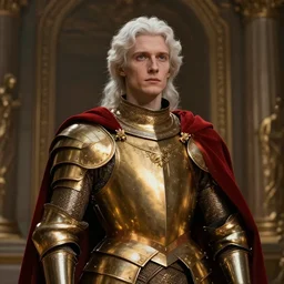 a young adult masculine man with thin face lines and white hair, wearing a golden dark armor with a scarlet cape, emperor, great lighting lowkey award winning movie lighting, grandiose portrait, epic, noble, elegant, ethereal, magalie villeneuve, greg rutkowski, jeremy mann and claude monet, intricate, deep focus, renaissance digital painting, 4 k