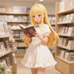 full body portrait of a happy blonde anime girl with long hair, in a cute dress, reading a book, depth of field, detailed store environment as background