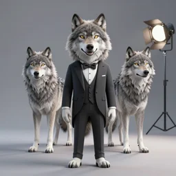 3 d render of a wolf as a gentleman wearing tuxedo on a studio shot, studio lighting, cinematic perspective, full hd