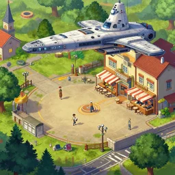 on a spaceship, next to an open plaza area with a restaurant to the side, from a point and click 2 d graphic adventure game, art inspired by [ [ thomas kinkade ] ]