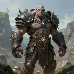 A muscular, large fanged orc with pale skin covered in scars stands near the hills, wearing spiky, complex, detailed armor without a helmet. Extremely high detail, realistic, fantasy art, masterpiece, art by Zdzisław Beksiński