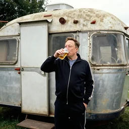 full distant shot of balding elon musk in a tracksuit drinking beer in dirty cheap old trailer, by ken loach