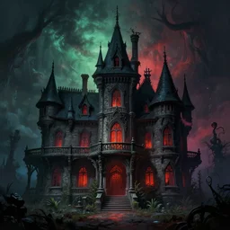 A sinister, shadow-filled mansion in the style of Keith Thompson, christopher bretz and kael ngu and Zdzislaw Beksinski, Artstation HD, 8k, Surrealistic digital artwork, highly detailed, digital painting, HDRI, vivid colors, high contrast, 8k resolution, intricate, photorealistic, smooth