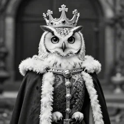 Old black and white Photograp of a owl dressed as a king