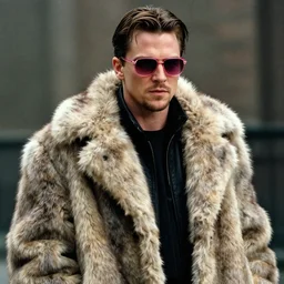film still of Christian Bale as Tyler Durden wearing big fur coat and pink sunglasses in Fight Club 1999