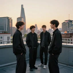 a small rooftop with a couple of modern teenagers, standing and talking to each other, wearing black modern clothes, modern shanghai bund is on the background, sunset, by asher brown durand