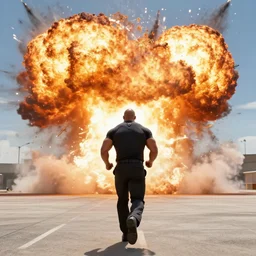 An epic cinematic film still of Dwayne Johnson running away from a massive explosion.