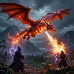 a powerful flying fire Dragon spitting fire fighting against a strong Wizard which spells lightning strikes  in the foreground, big Mountains and wide forrests are in the Background, stormy weather at night ,cinematic Style, hyperrealistic, artstation