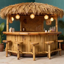 mid century tiki bar empty with no people. bamboo. highly detailed retro 3 5 mm photo.