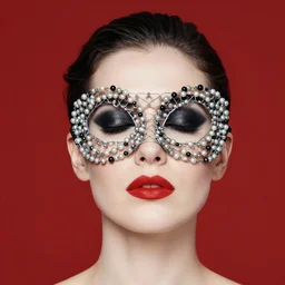 an 8 0 s portrait of a woman with dark eye - shadow and red lips with dark slicked back hair, a mask made of wire and beads, dreaming by serge lutens, rolf armstrong, delphin enjolras, peter elson, red cloth background, surreal flat color
