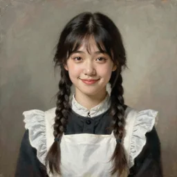a ((sadly)) (((smiling)))) black haired, young hungarian servantmaid from the 19th century who looks very similar to (((Lee Young Ae))) with a two french braids, detailed, soft focus, pastel colours, realistic oil painting by  Ferenczy Károly, John Everett Millais, Munkácsy, Csók István, and da Vinci