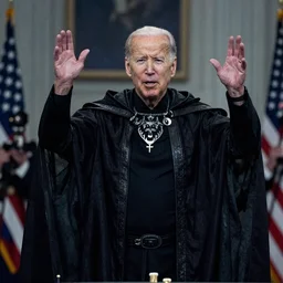 Grainy security camera footage of Joe Biden performing an ancient ritual while wearing necromancer garments