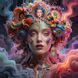 a gorgeous woman surrounded by colorful liquid clouds and neon smoke, fantasy, extremely detailed, psychedelic experience, psilocybin, dmt, lsd, face, highly detailed, artstation, alphonse mucha, hana yata, and artem demura and beeple, octane render, unreal engine, 8 k